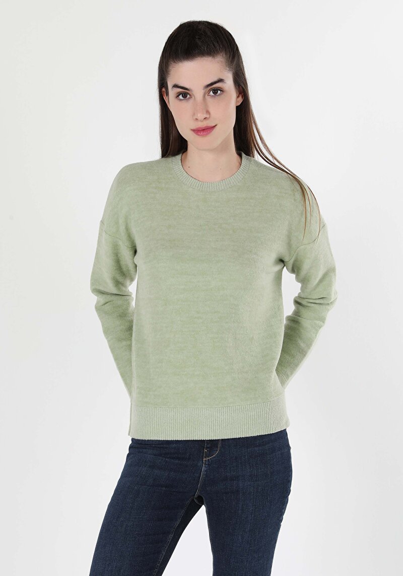 Regular Fit Yuvarlak Yaka Düz Kadın Yeşil Uzun Kol Tişört