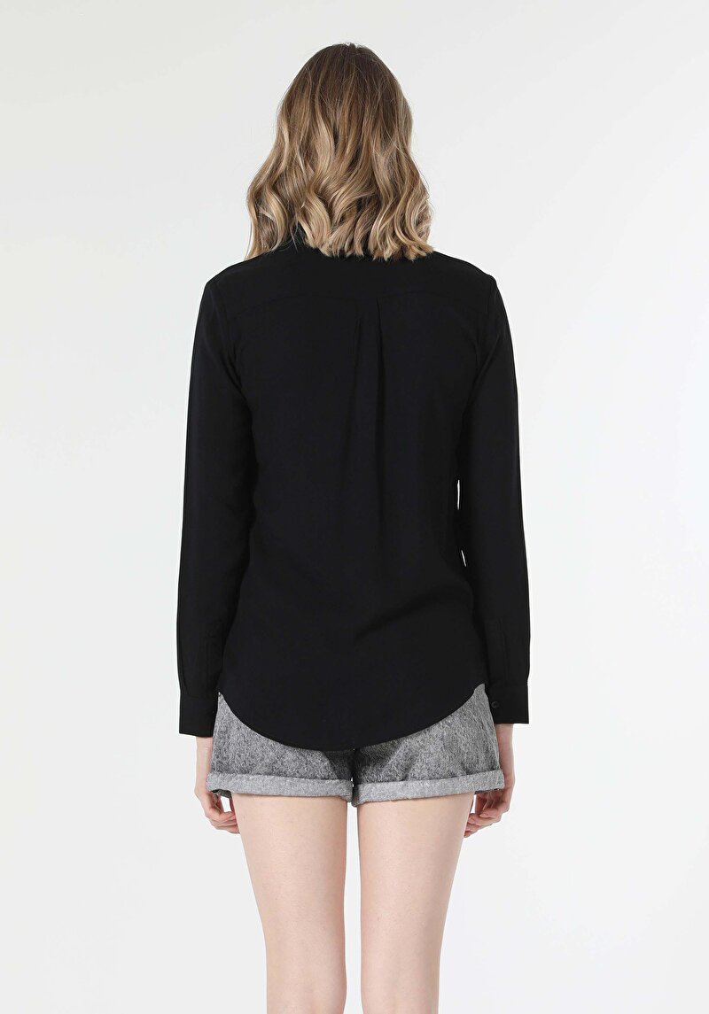 Regular Fit Shirt Neck Düz Kadın Siyah Uzun Kol Gömlek