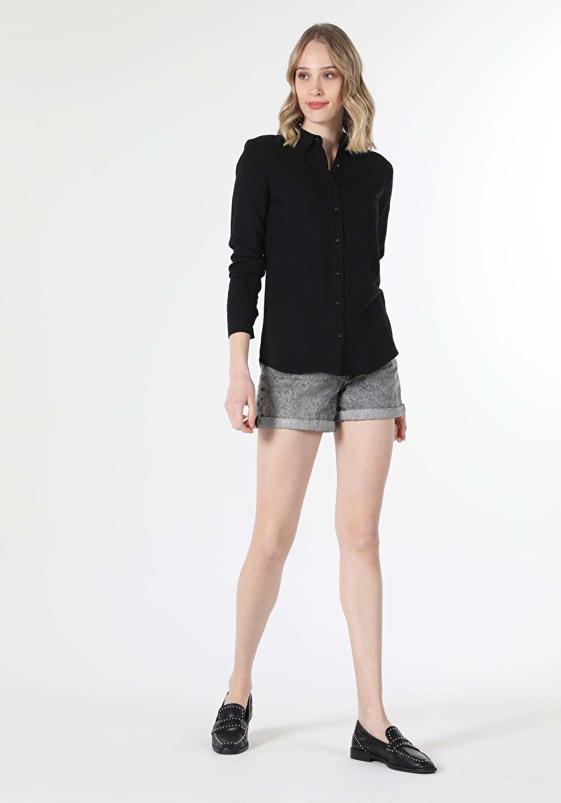 Regular Fit Shirt Neck Düz Kadın Siyah Uzun Kol Gömlek
