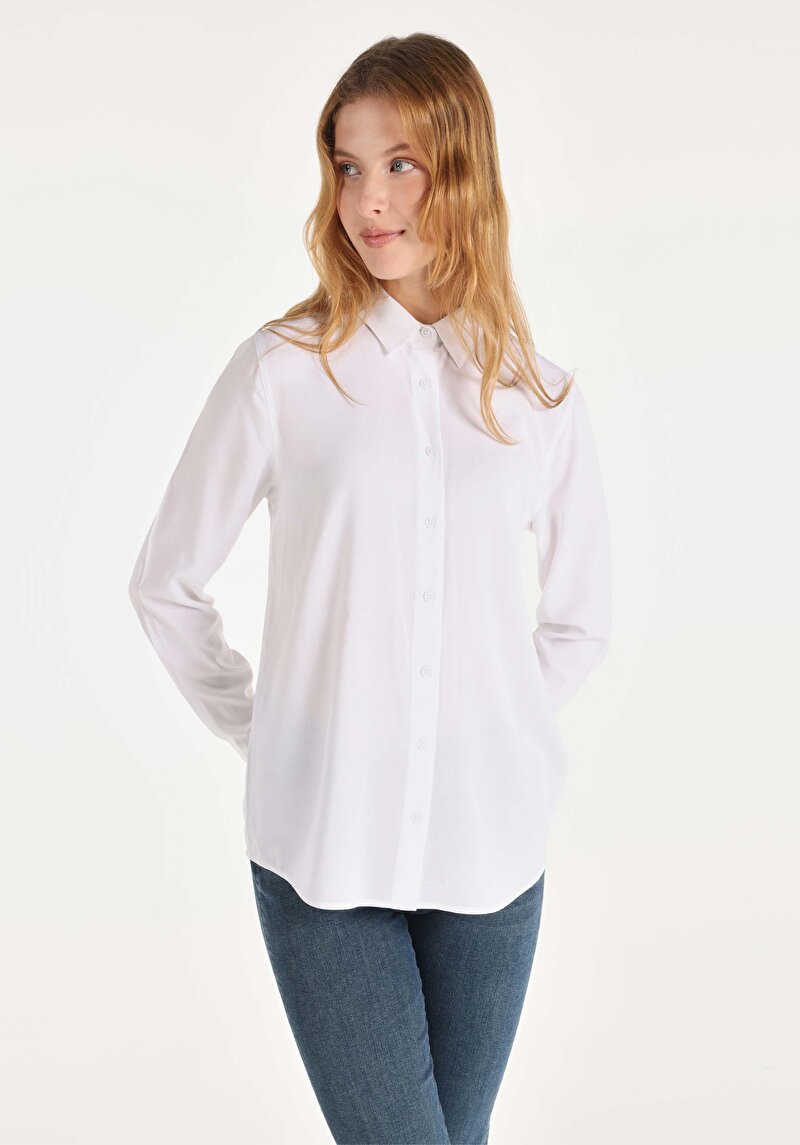 Regular Fit Shirt Neck Düz Kadın Beyaz Uzun Kol Gömlek