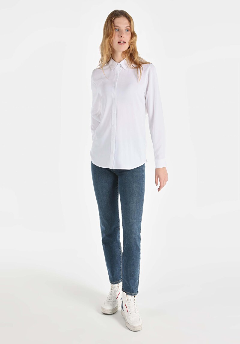 Regular Fit Shirt Neck Düz Kadın Beyaz Uzun Kol Gömlek