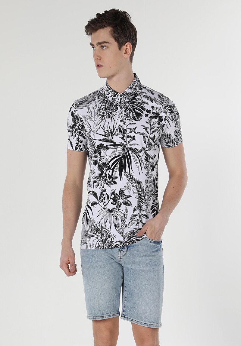 Slim Fit Polo Yaka Çiçekli Erkek Beyaz Kısa Kol Tişört