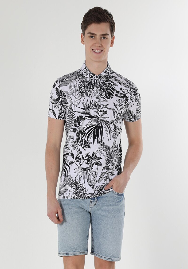 Slim Fit Polo Yaka Çiçekli Erkek Beyaz Kısa Kol Tişört