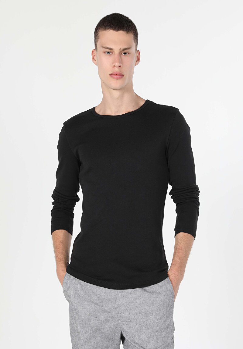 Slim Fit Yuvarlak Yaka Düz Erkek Siyah Uzun Kol Tişört