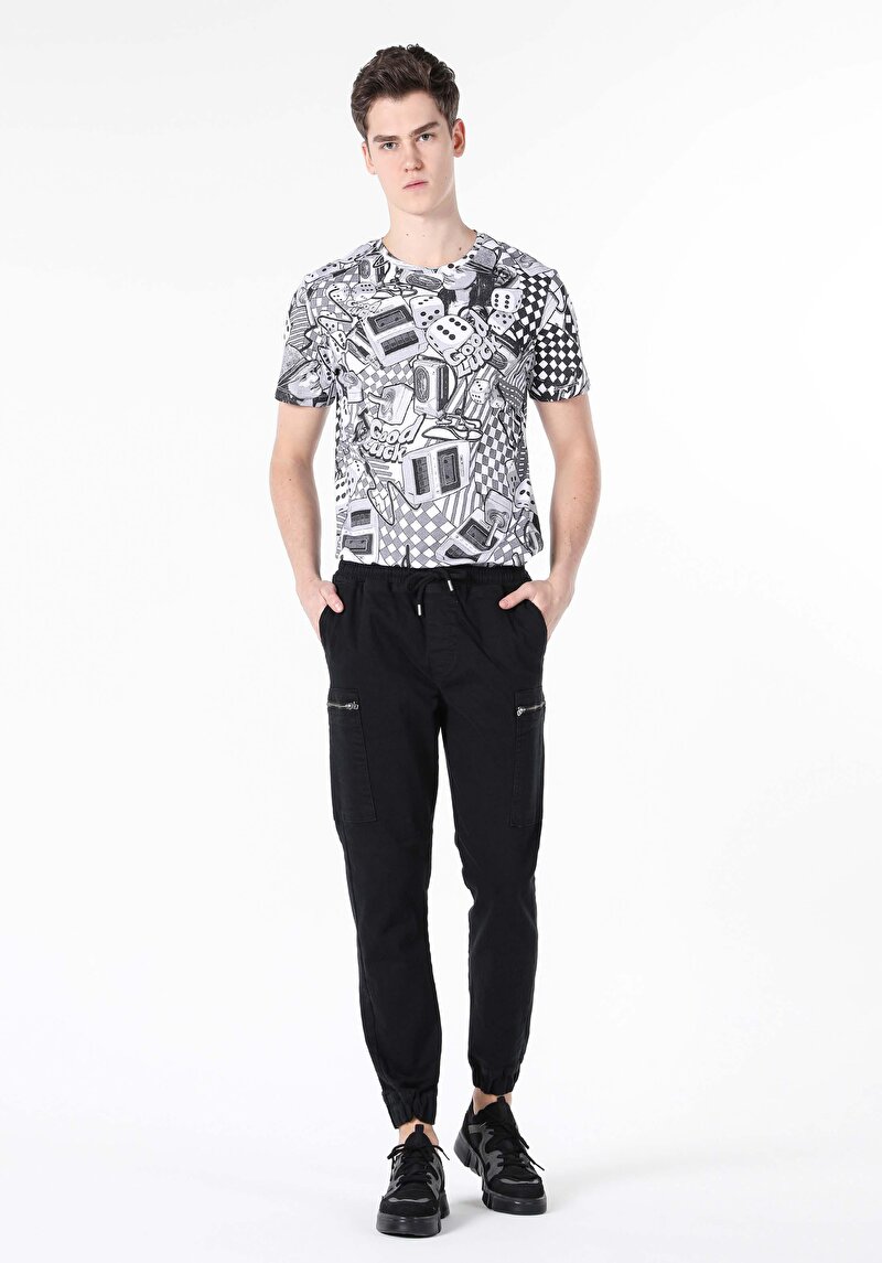 Slim Fit Orta Bel Lastikli Paça Erkek Siyah  Pantolon