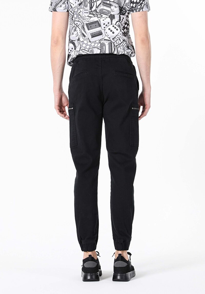 Slim Fit Orta Bel Lastikli Paça Erkek Siyah  Pantolon