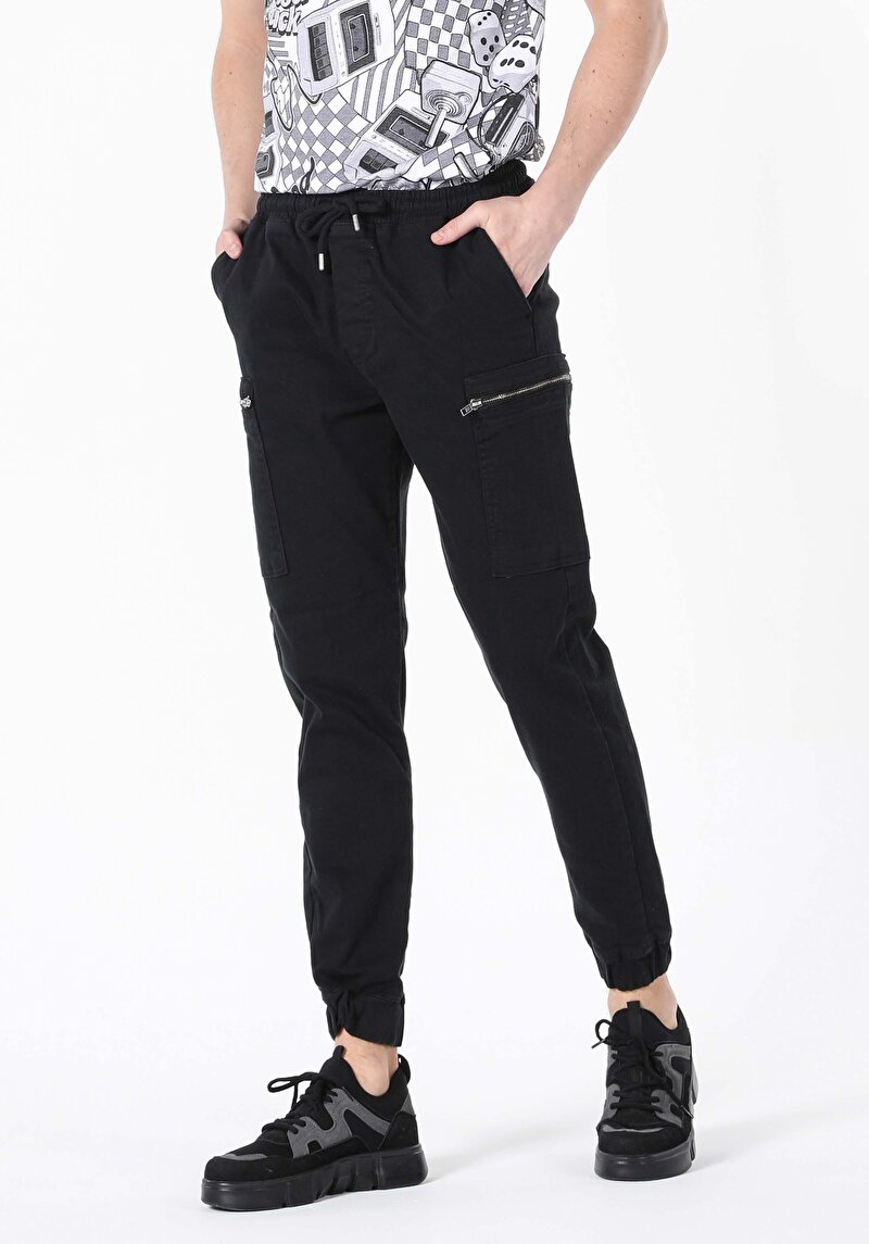 Slim Fit Orta Bel Lastikli Paça Erkek Siyah  Pantolon