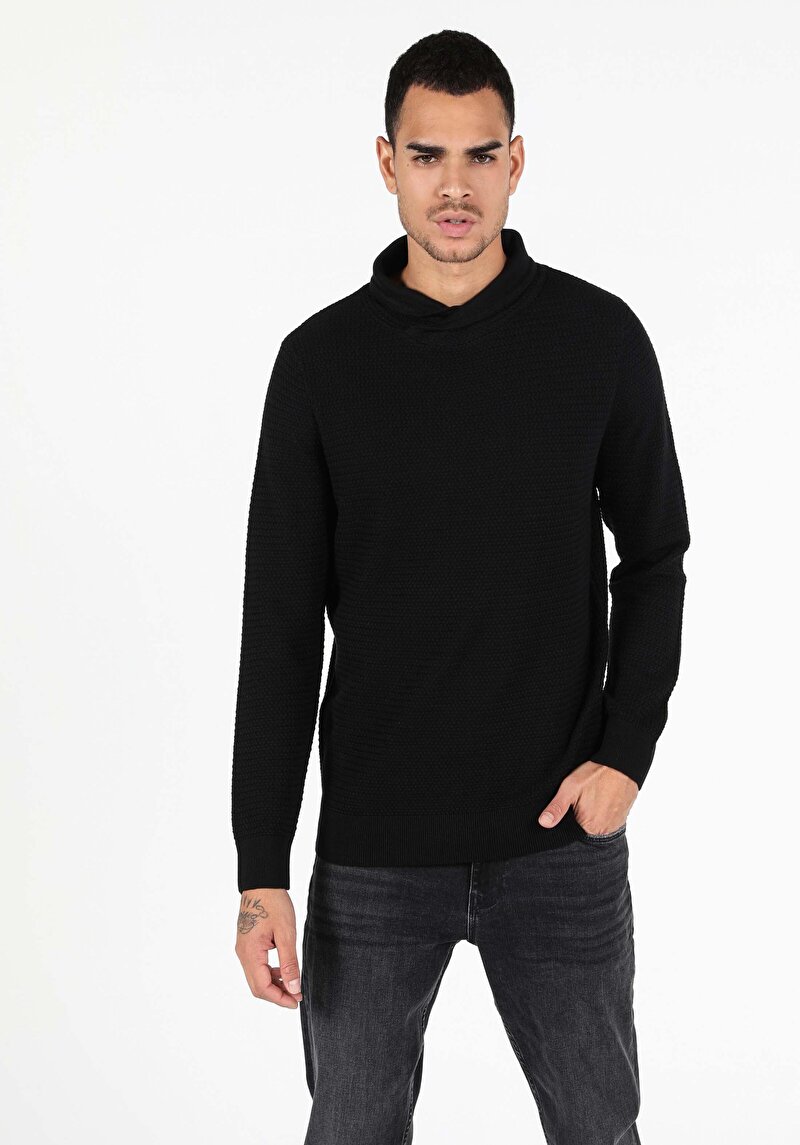 Regular Fit Balıkçı Yaka Erkek Siyah Kazak