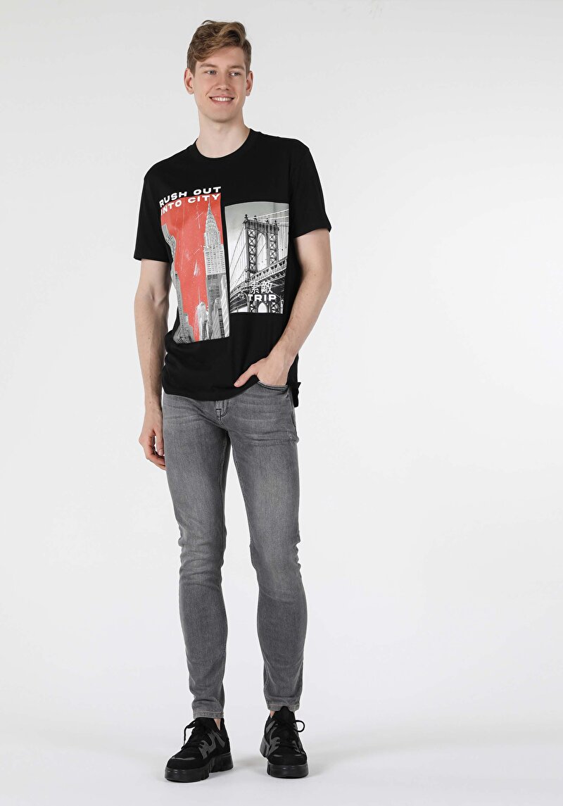 Regular Fit Baskılı Siyah Erkek Kısa Kol Tişört Cl1056724