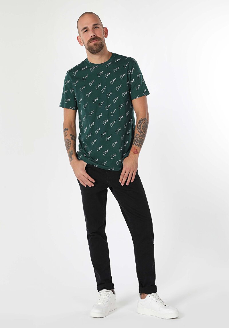 Regular Fit Yuvarlak Yaka Baskılı Erkek Yeşil Kısa Kol Tişört
