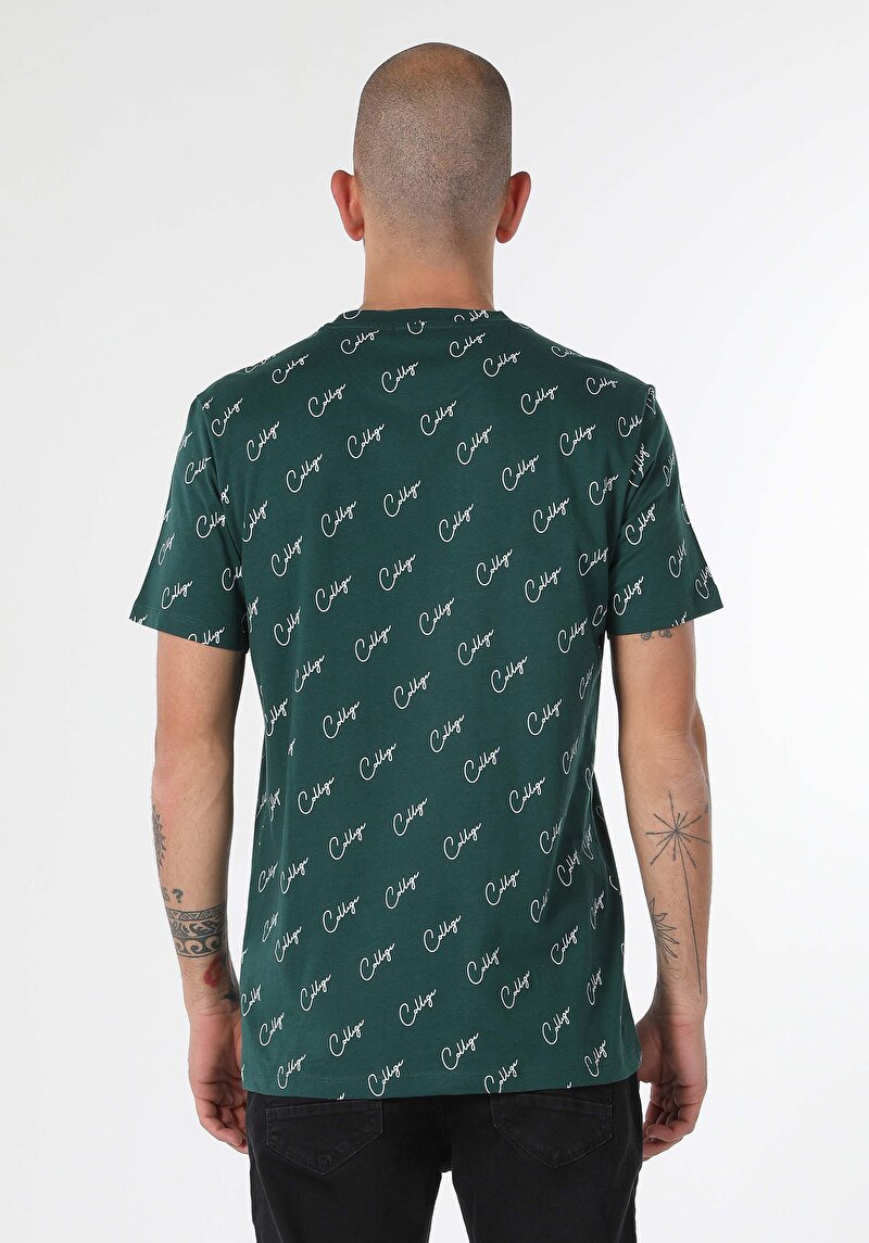 Regular Fit Yuvarlak Yaka Baskılı Erkek Yeşil Kısa Kol Tişört