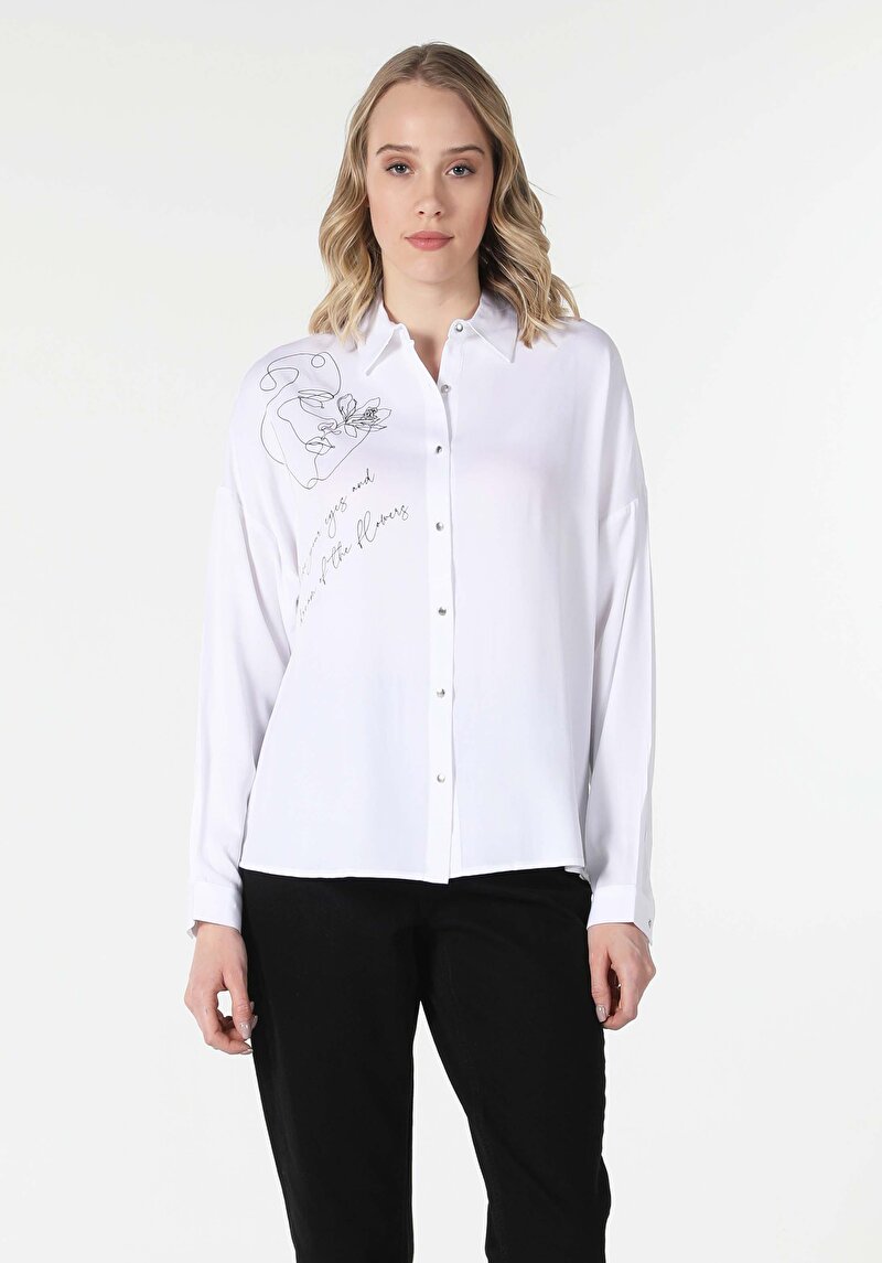 Regular Fit Shirt Neck  Kadın Beyaz Uzun Kol Gömlek Cl1057283