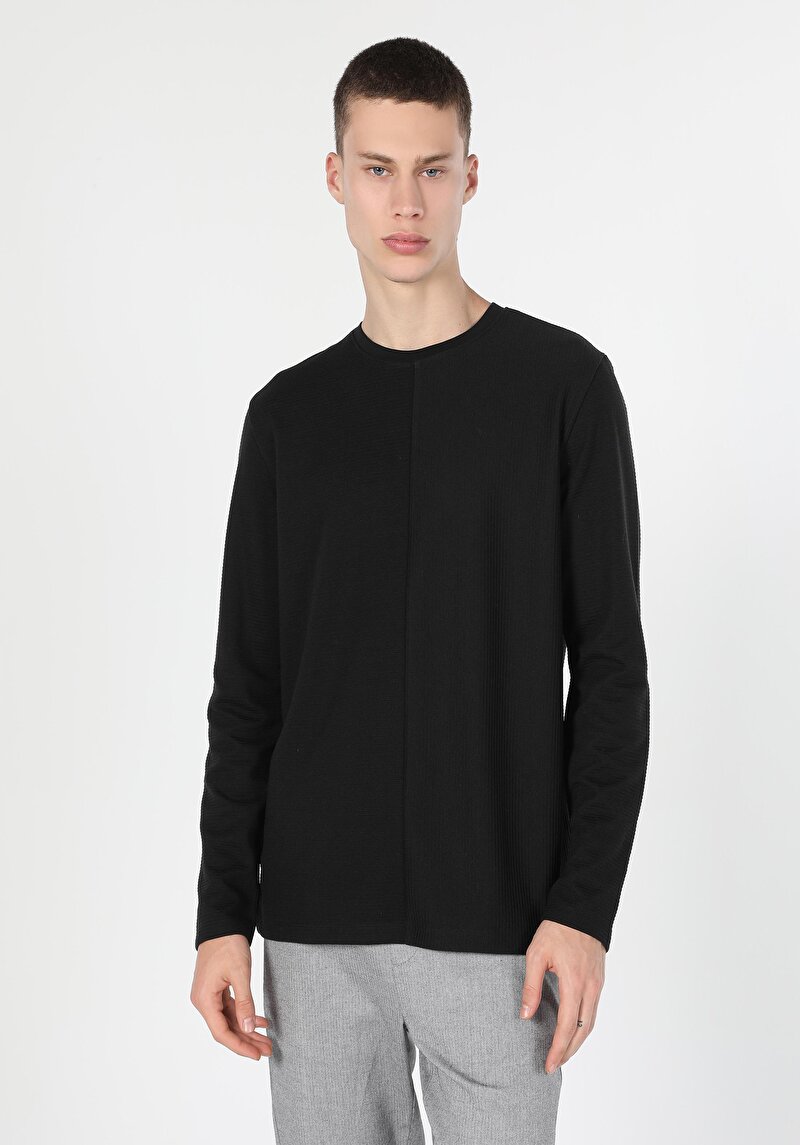 Regular Fit Yuvarlak Yaka Jakarlı Erkek Siyah Uzun Kol Tişört