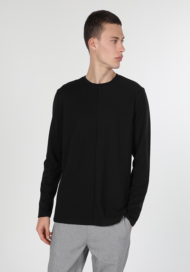 Regular Fit Yuvarlak Yaka Jakarlı Erkek Siyah Uzun Kol Tişört