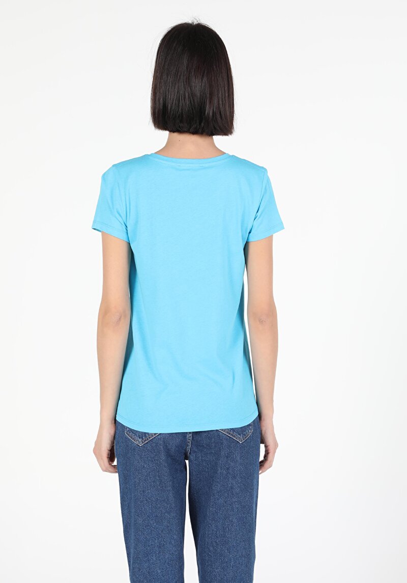 Slim Fit Bisiklet Yaka Örme Kadın Mavi Kısa Kol Tişört
