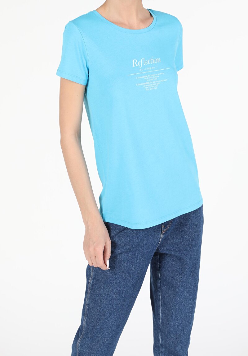 Slim Fit Bisiklet Yaka Örme Kadın Mavi Kısa Kol Tişört