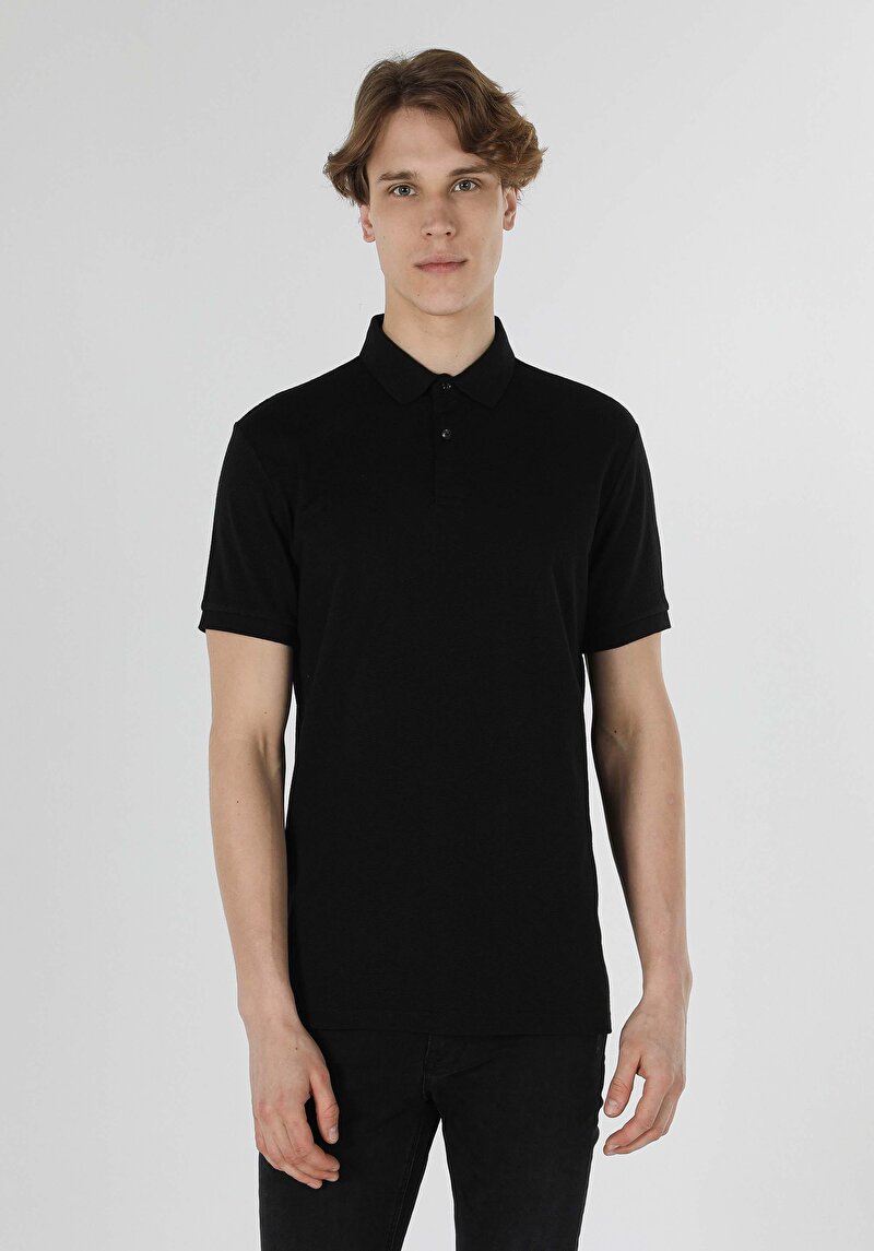 Regular Fit Polo Yaka Jakarlı Erkek Siyah Kısa Kol Tişört
