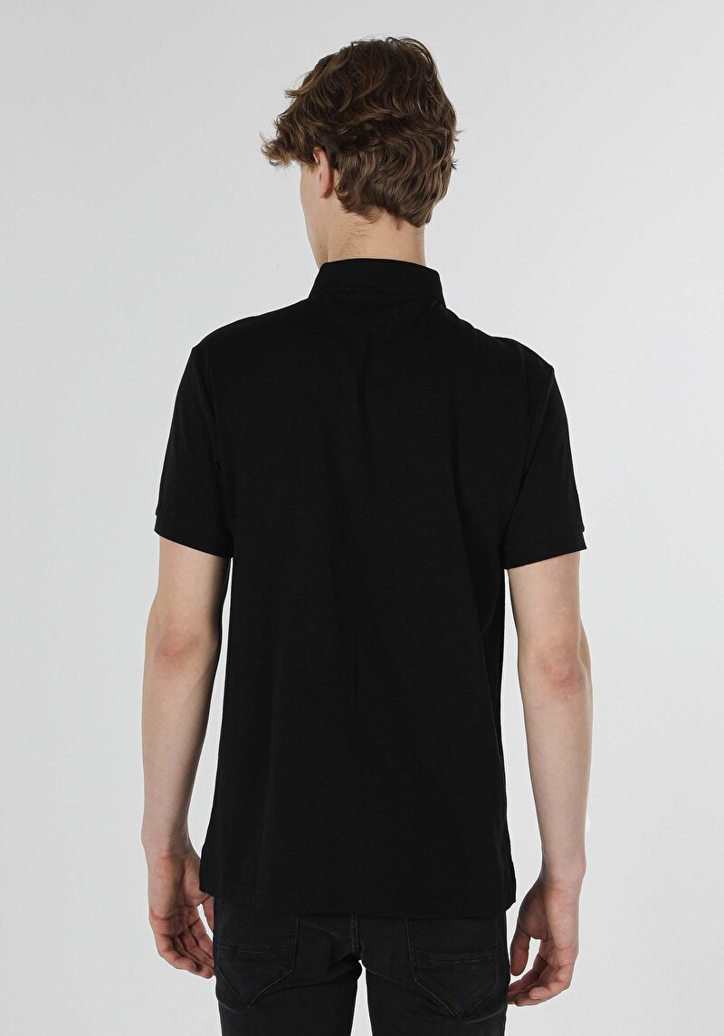 Regular Fit Polo Yaka Jakarlı Erkek Siyah Kısa Kol Tişört
