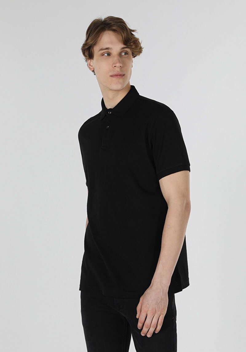 Regular Fit Polo Yaka Jakarlı Erkek Siyah Kısa Kol Tişört