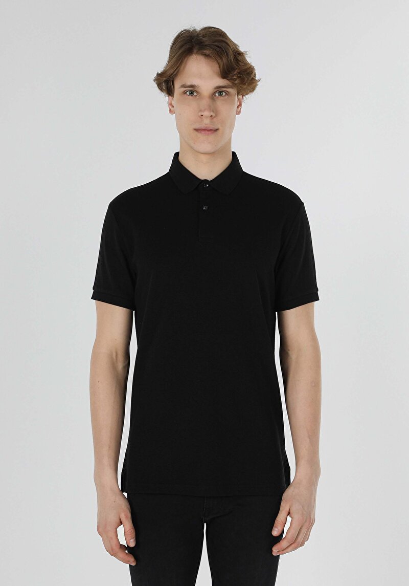 Regular Fit Polo Yaka Jakarlı Erkek Siyah Kısa Kol Tişört