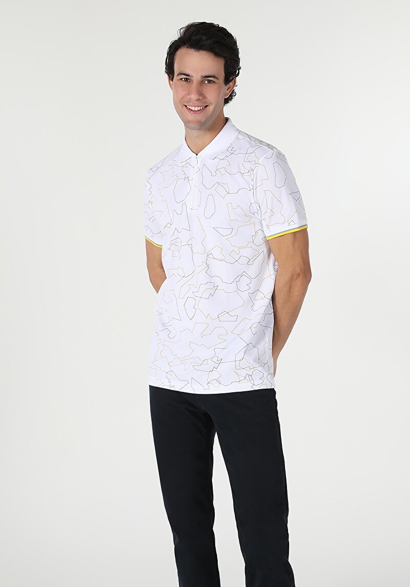 Regular Fit Polo Yaka Baskılı Erkek Beyaz Kısa Kol Tişört