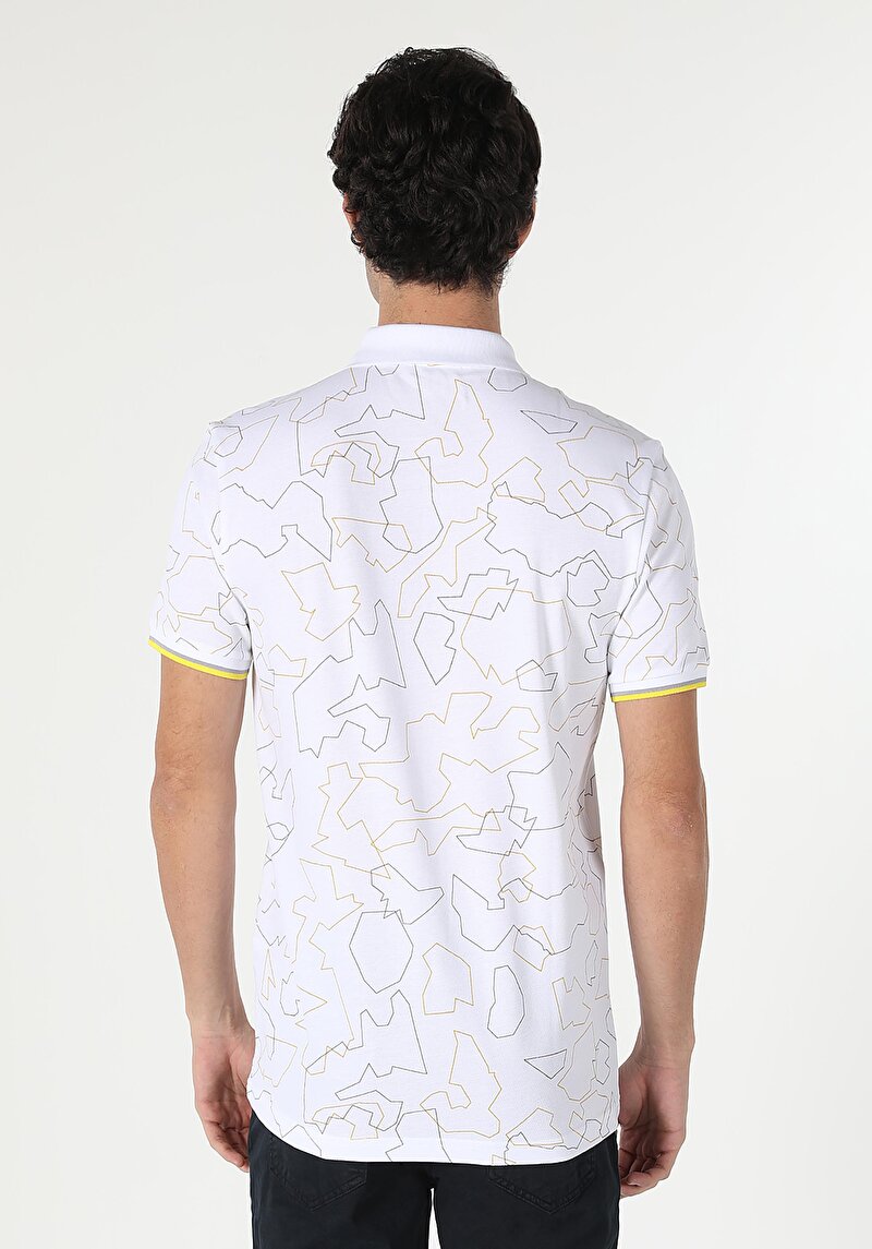 Regular Fit Polo Yaka Baskılı Erkek Beyaz Kısa Kol Tişört
