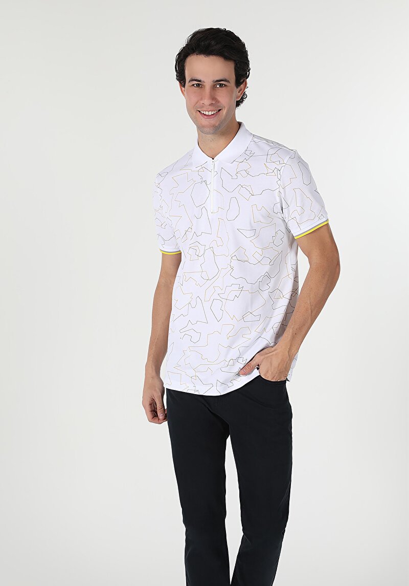 Regular Fit Polo Yaka Baskılı Erkek Beyaz Kısa Kol Tişört