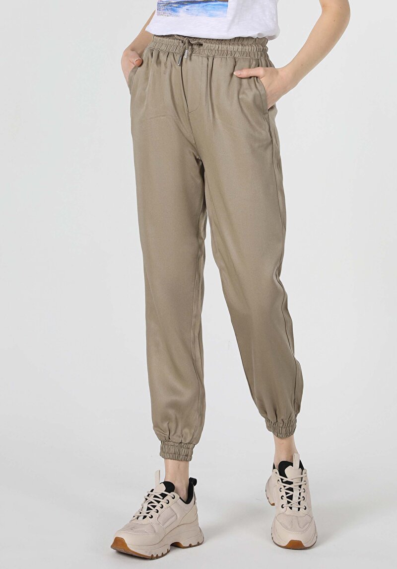 Yüksek Bel Normal Kesim Düz Paça Haki Kadın Pantolon