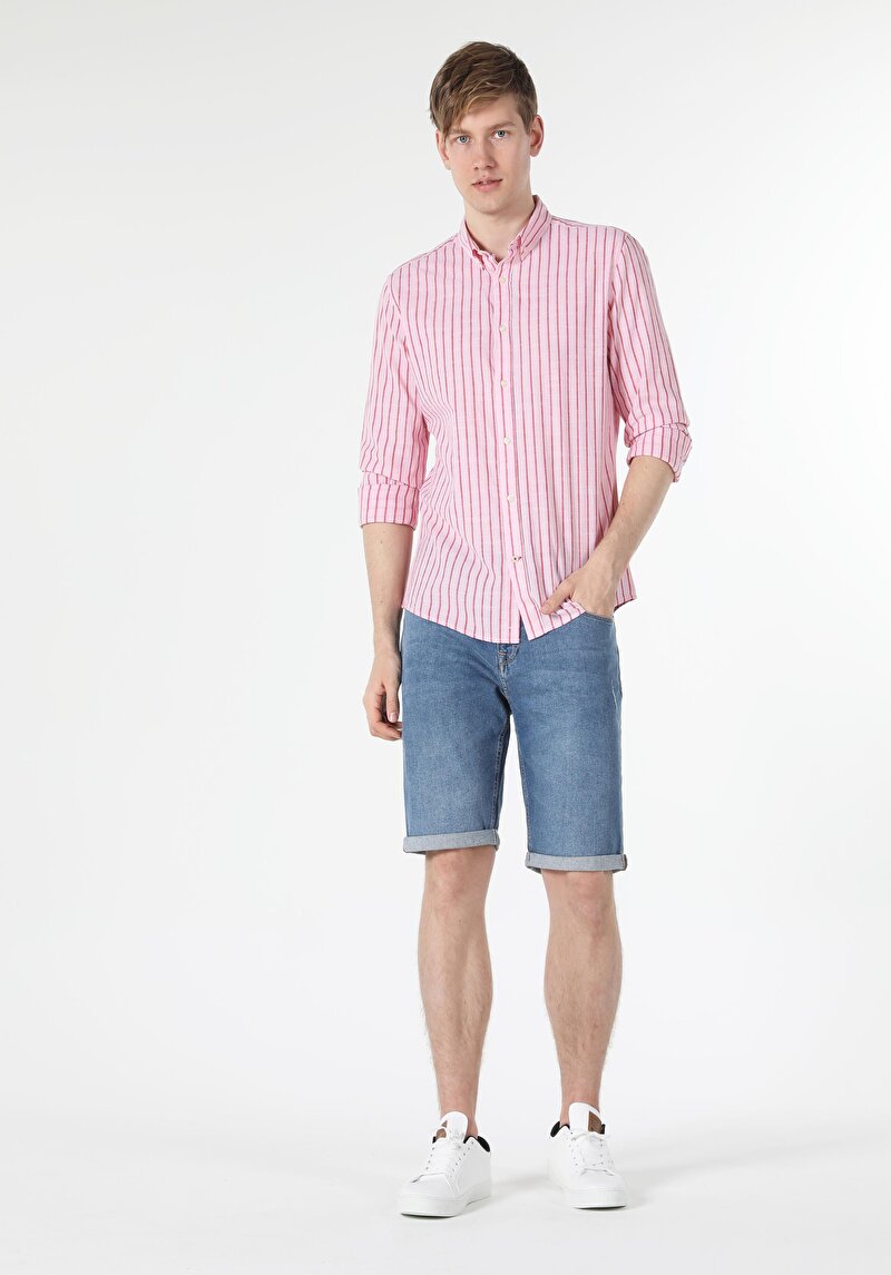 Slim Fit Shirt Neck Erkek Pembe Uzun Kol Gömlek