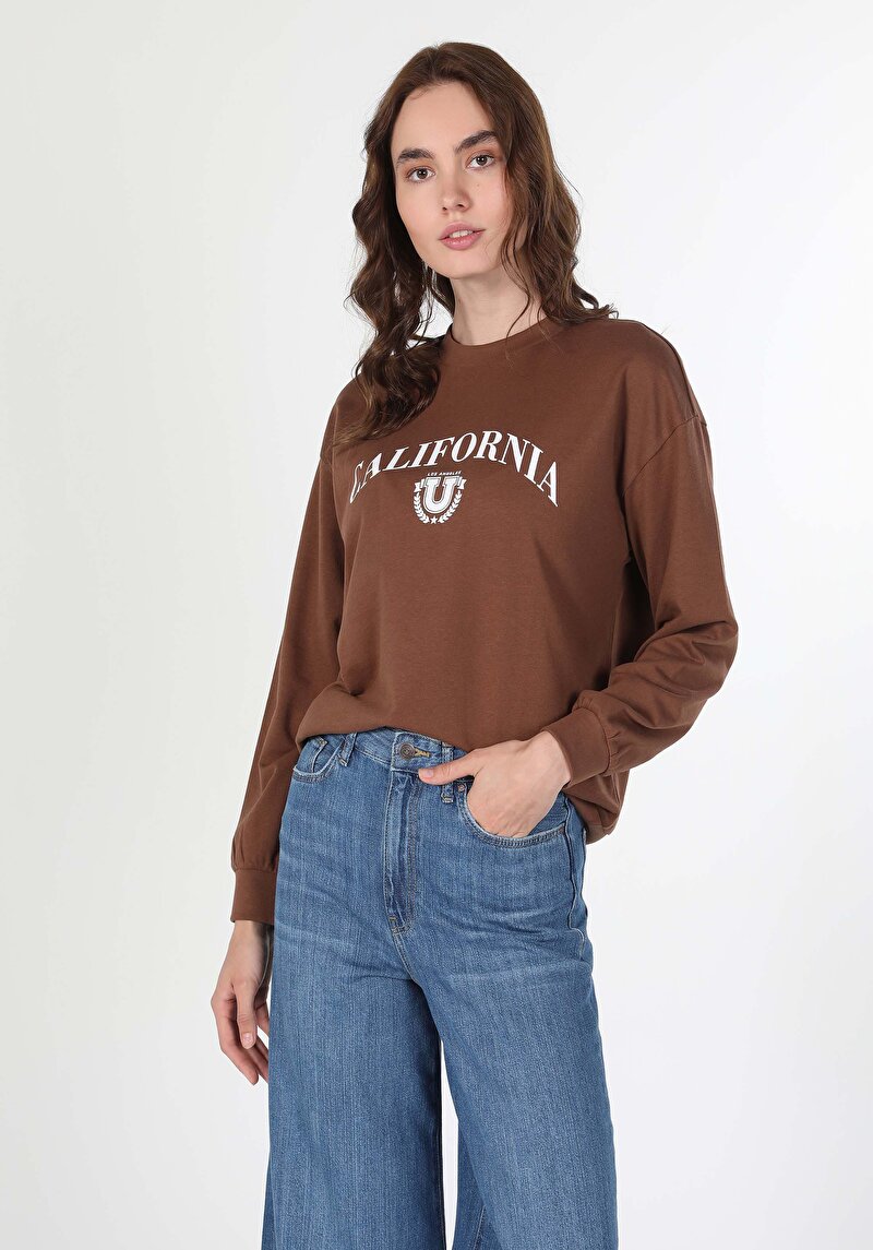 Regular Fit Yuvarlak Yaka Baskılı Kadın Kahverengi Sweatshirt