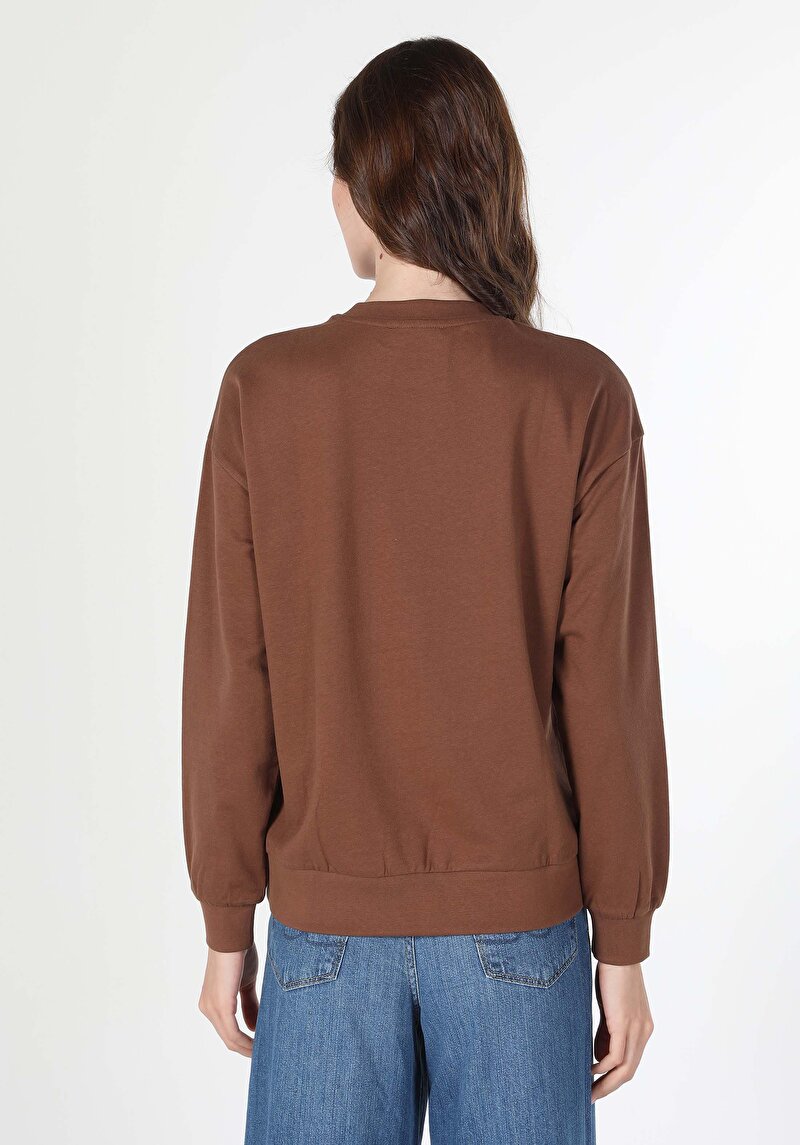 Regular Fit Yuvarlak Yaka Baskılı Kadın Kahverengi Sweatshirt