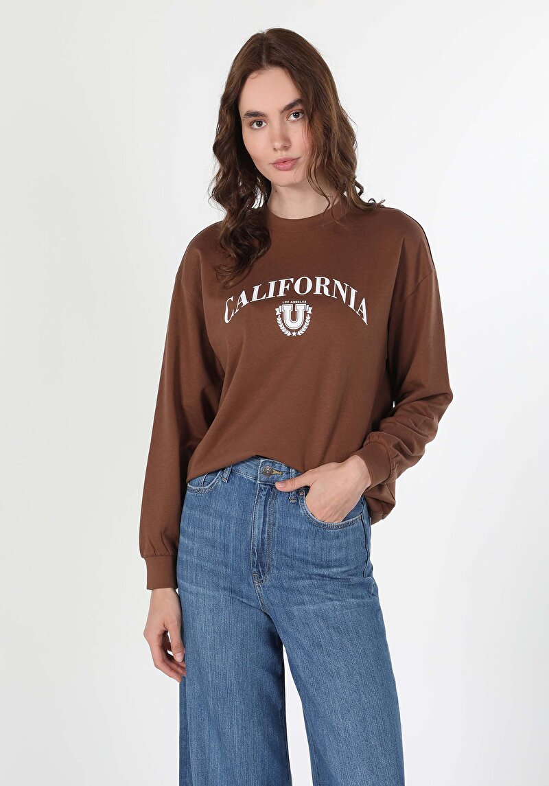 Regular Fit Yuvarlak Yaka Baskılı Kadın Kahverengi Sweatshirt