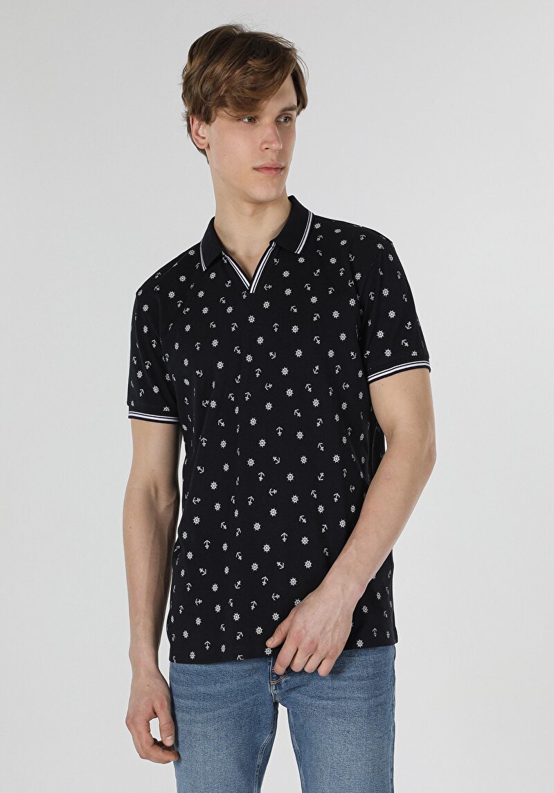 Regular Fit Polo Yaka Baskılı Cepsiz Erkek Lacivert Kısa Kol Tişört