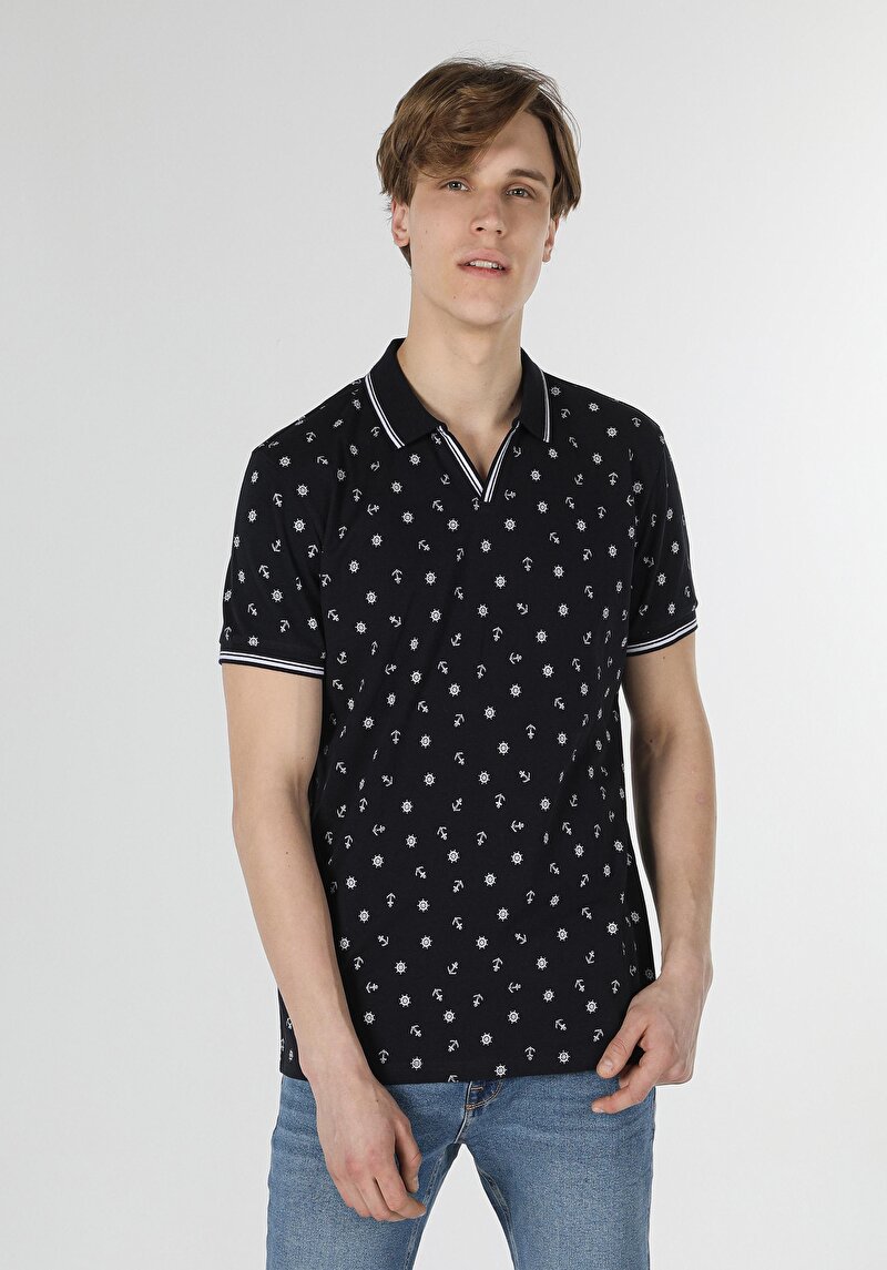 Regular Fit Polo Yaka Baskılı Cepsiz Erkek Lacivert Kısa Kol Tişört