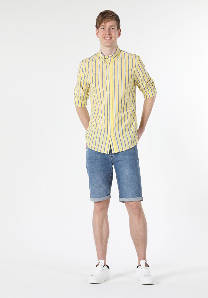 Regular Fit Shirt Neck Erkek Sari Uzun Kol Gömlek
