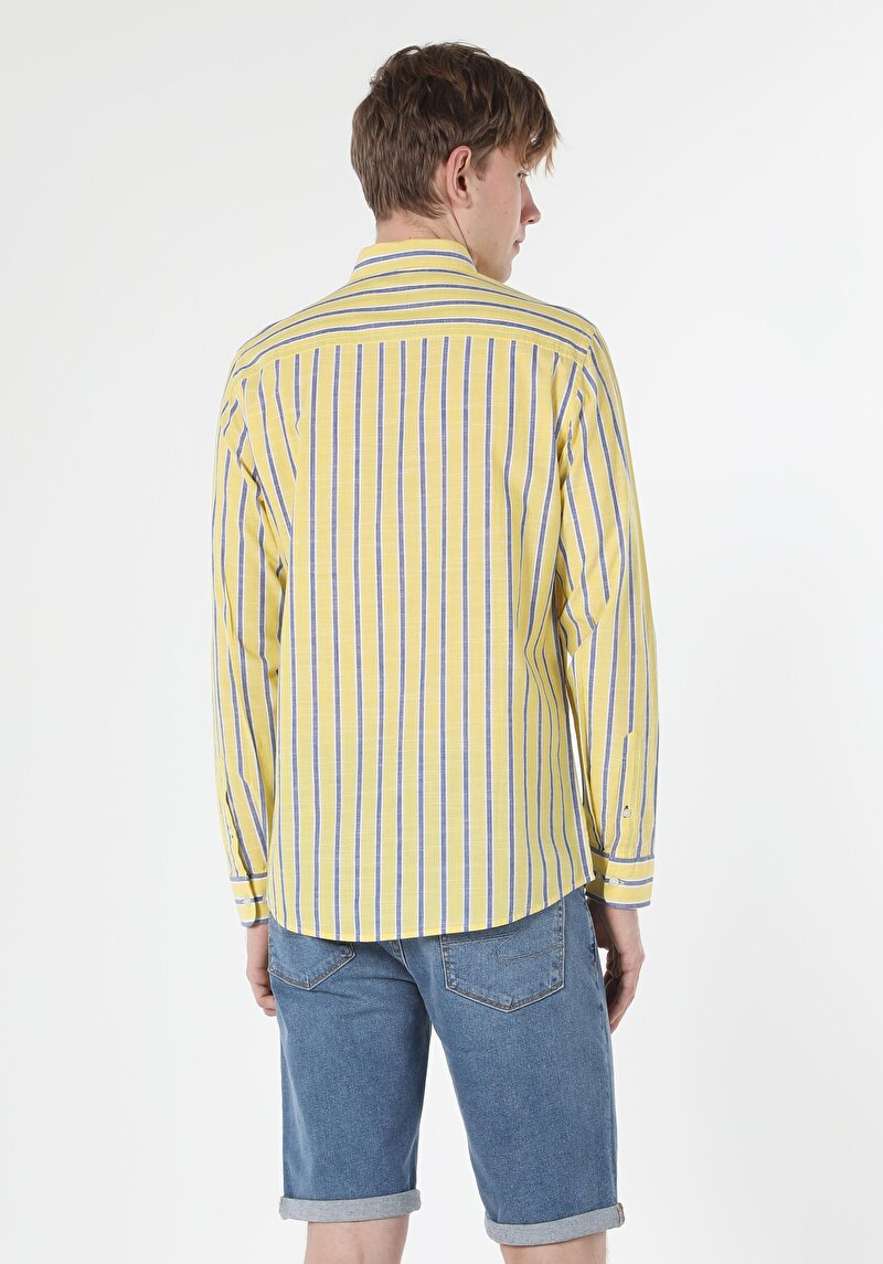 Regular Fit Shirt Neck Erkek Sari Uzun Kol Gömlek