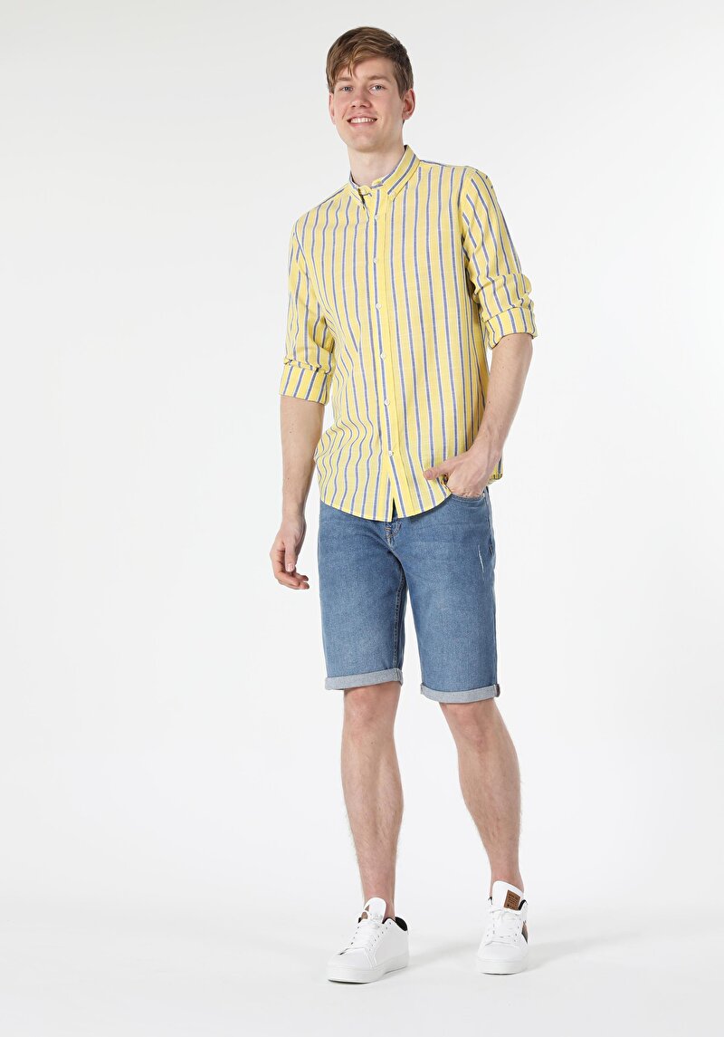 Regular Fit Shirt Neck Erkek Sari Uzun Kol Gömlek
