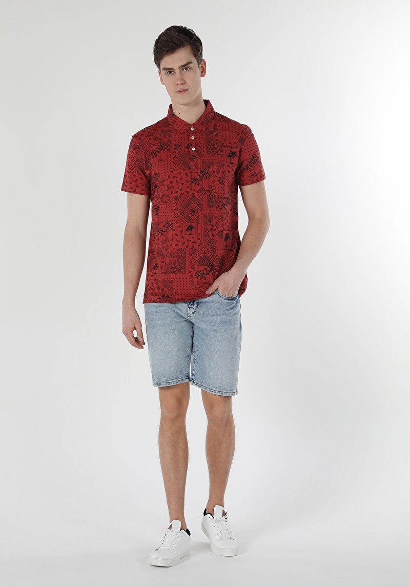 Regular Fit Polo Yaka Baskılı Erkek Kahverengi Kısa Kol Tişört