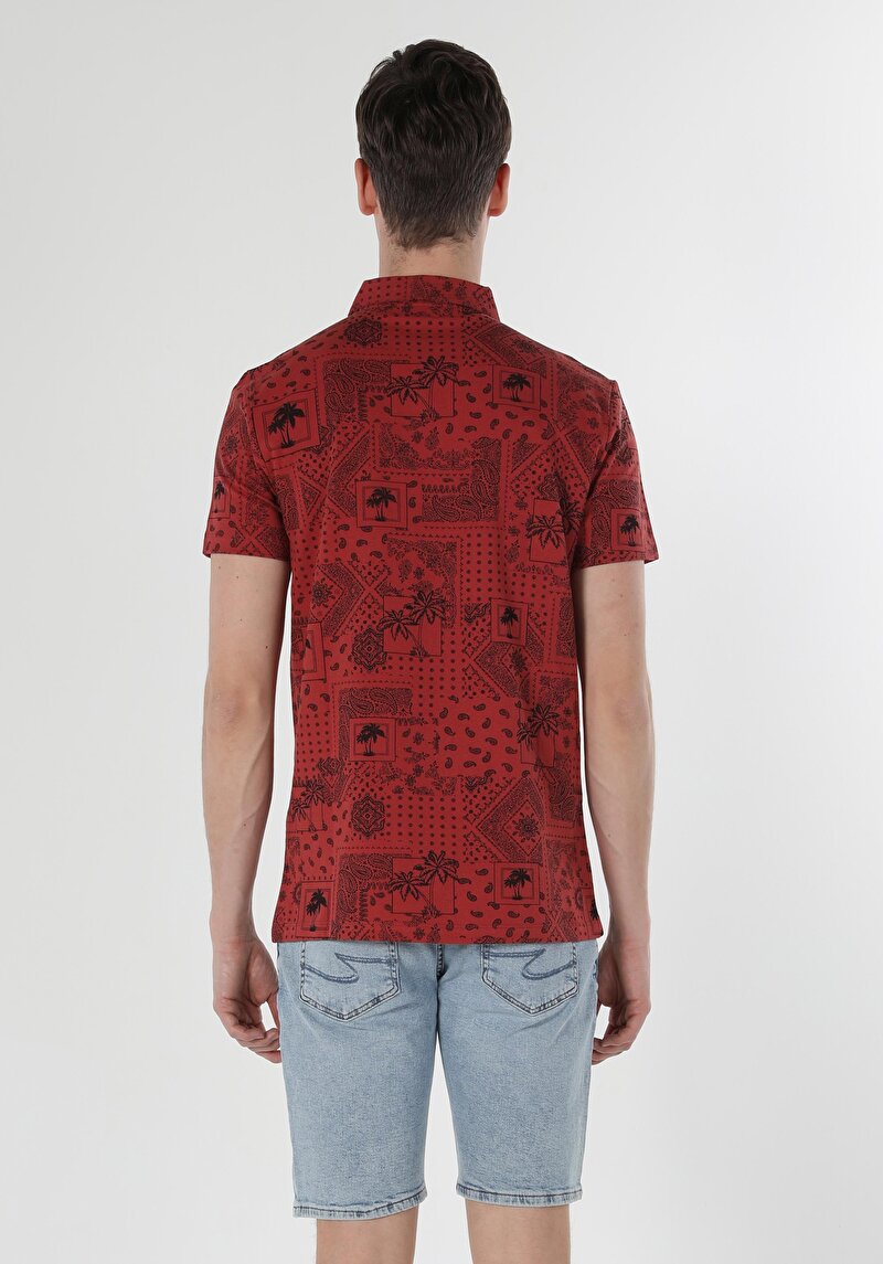 Regular Fit Polo Yaka Baskılı Erkek Kahverengi Kısa Kol Tişört