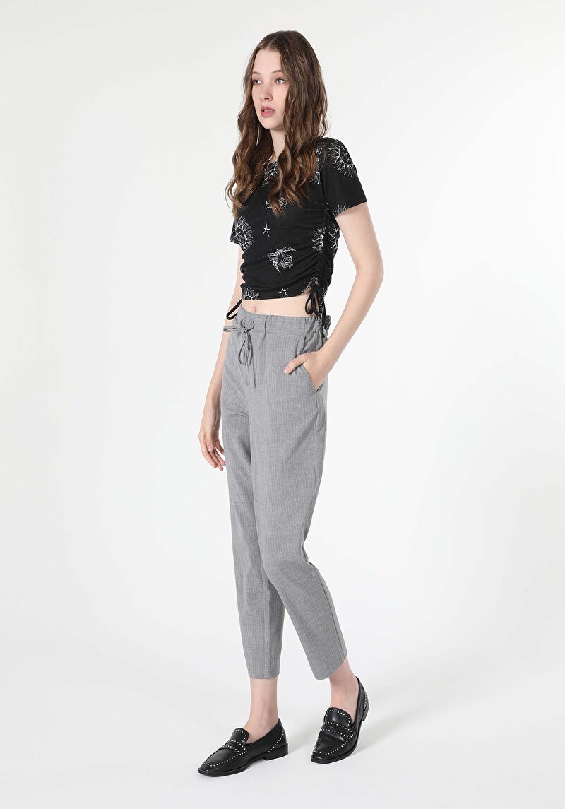 Regular Fit Düşük Bel Düz Paça Kadın Gri Pantolon