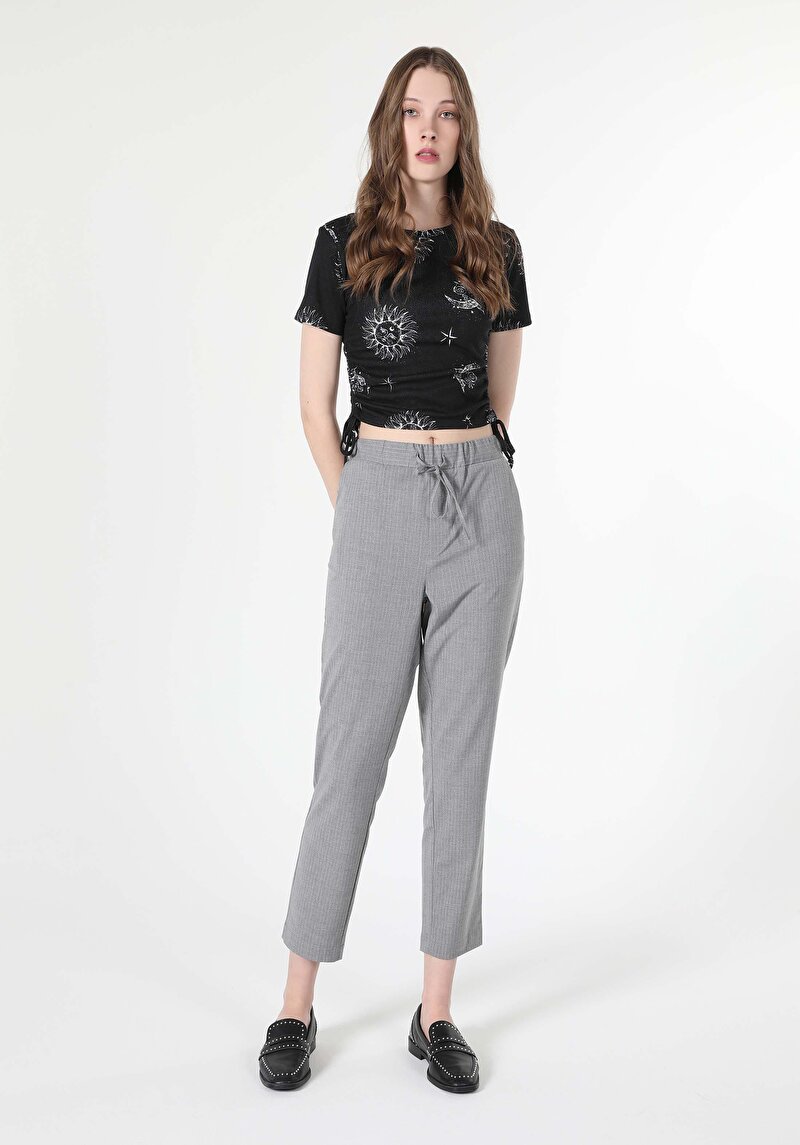 Regular Fit Düşük Bel Düz Paça Kadın Gri Pantolon