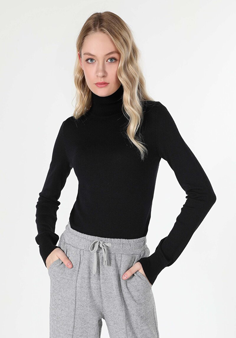 Slim Fit Balıkçı Yaka Düz Kadın Siyah Kazak