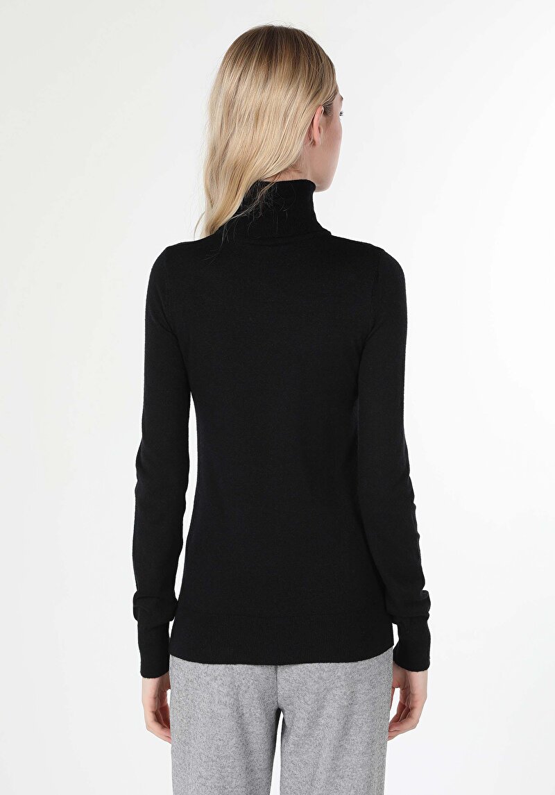 Slim Fit Balıkçı Yaka Düz Kadın Siyah Kazak