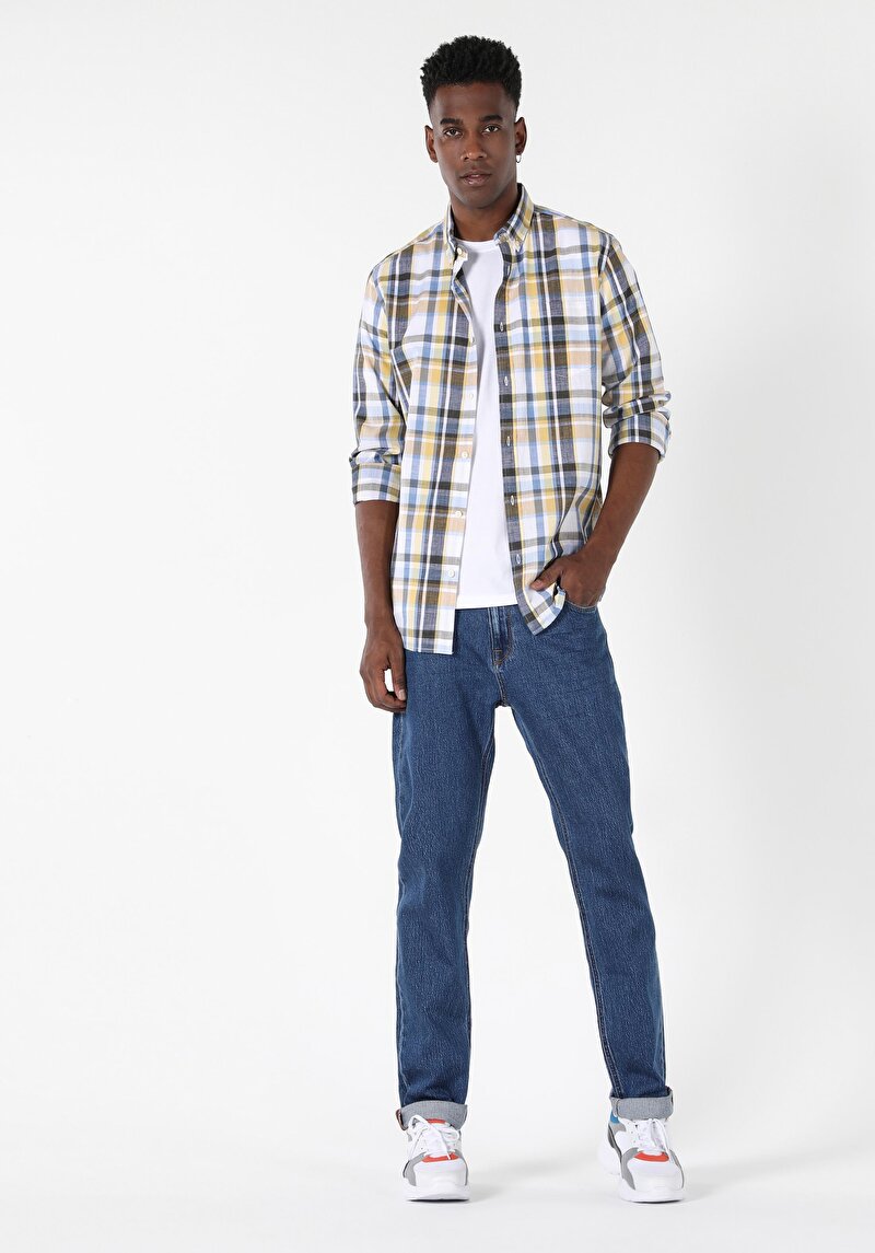 Regular Fit Pamuklu Shirt Neck Erkek Çok Renkli Uzun Kol Gömlek