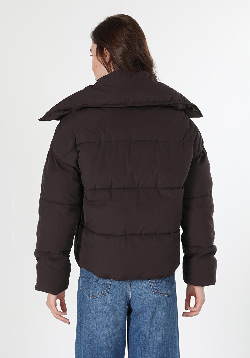 Regular Fit Dik Yaka Çıtçıtlı Astarlı Kadın Kahverengi Mont