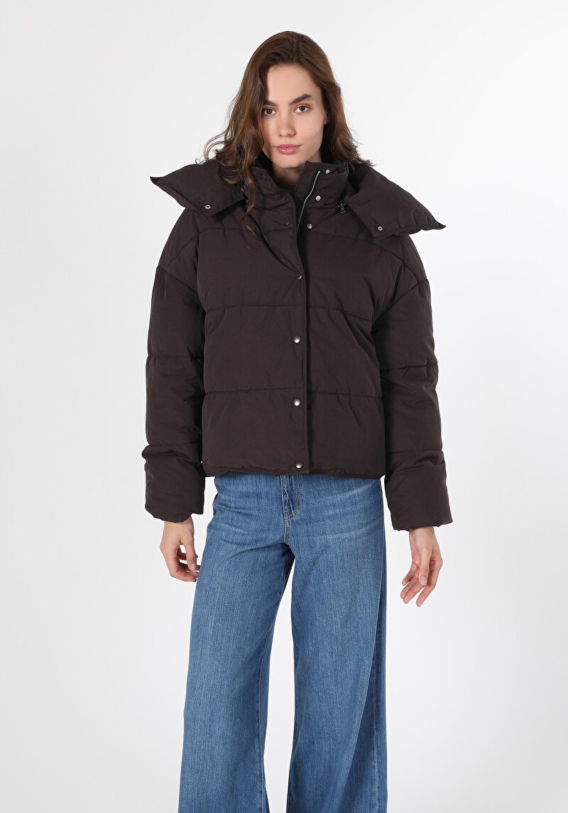Regular Fit Dik Yaka Çıtçıtlı Astarlı Kadın Kahverengi Mont