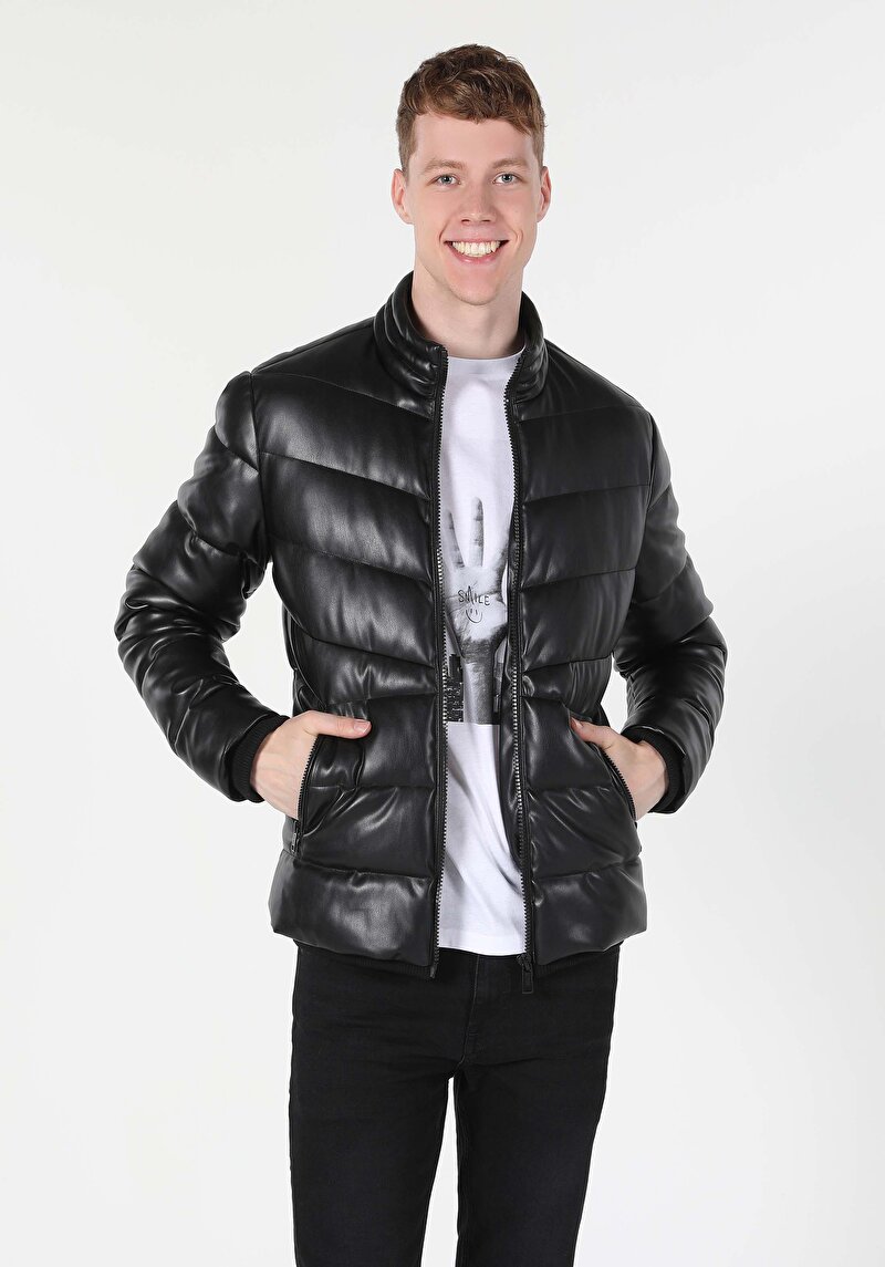 Slim Fit     Erkek Siyah Mont Pu