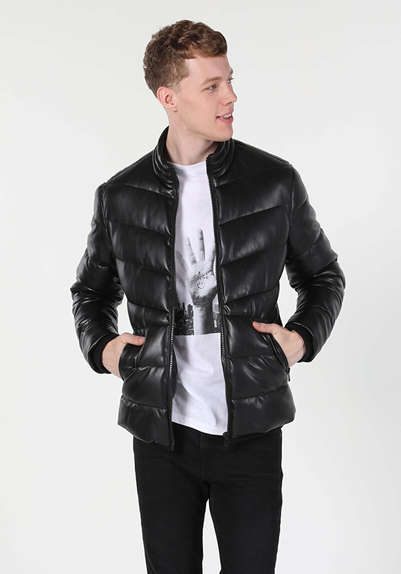 Slim Fit     Erkek Siyah Mont Pu