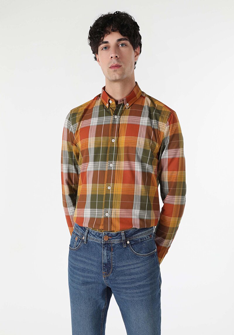 Slim Fit Shirt Neck Ekoseli Erkek Sari Uzun Kol Gömlek