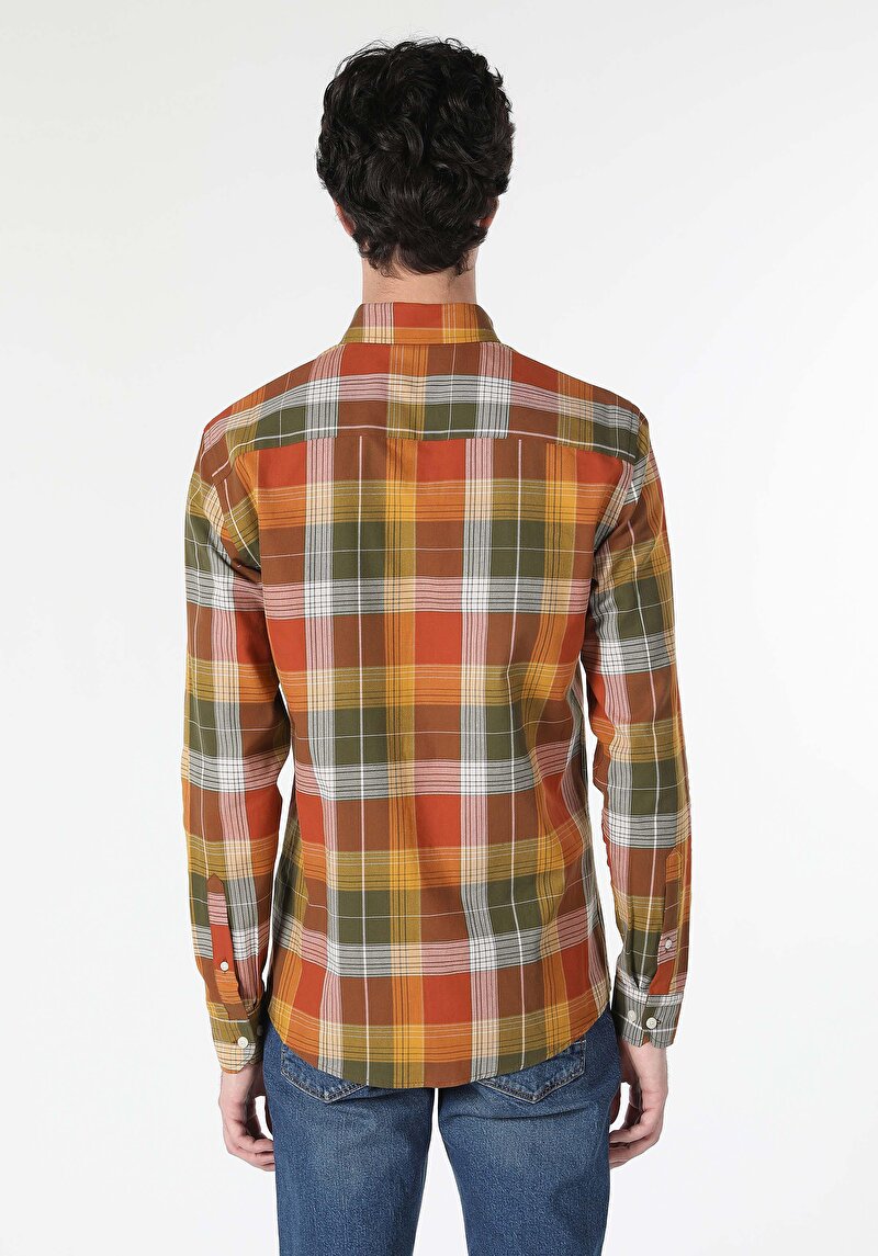 Slim Fit Shirt Neck Ekoseli Erkek Sari Uzun Kol Gömlek